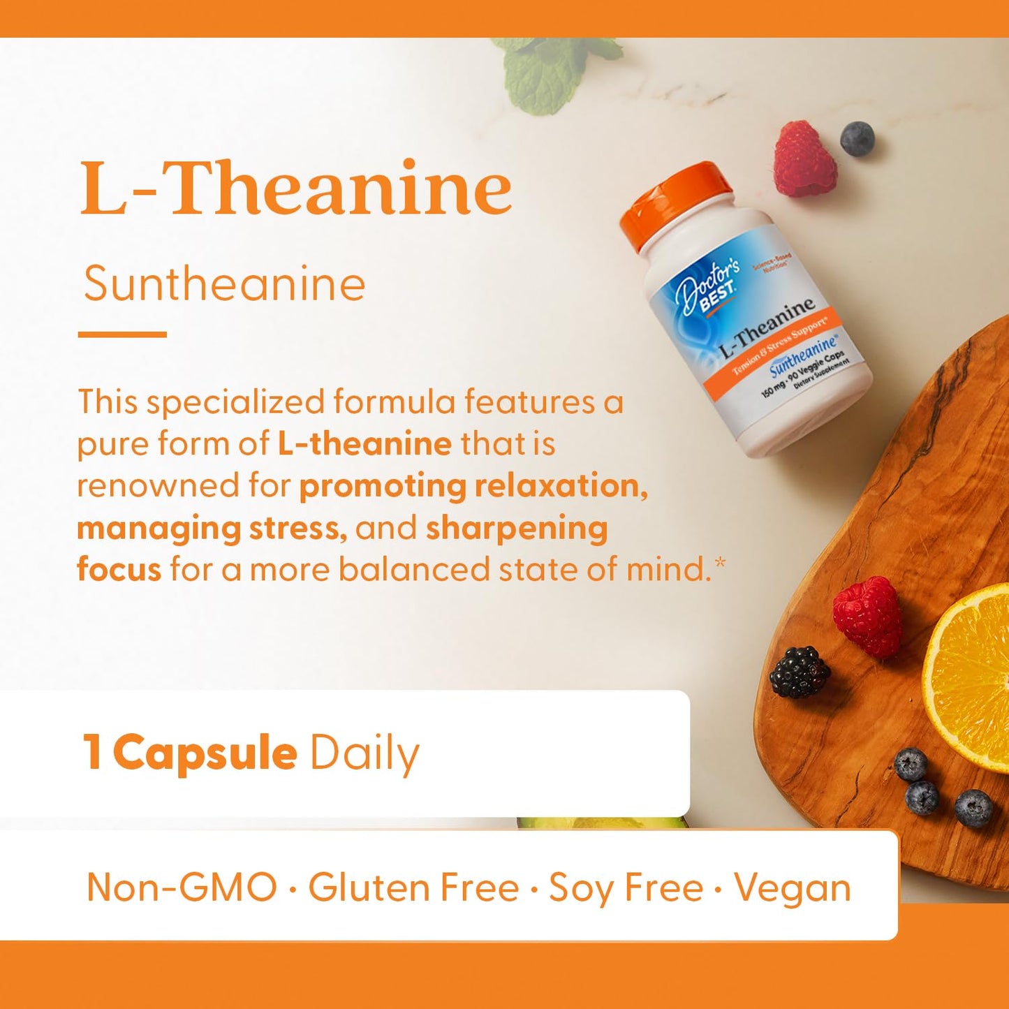 Doctor’s Best L-Theanine with Suntheanine – Stress Relief, Focus, 150 mg, 90 Count | Non-GMO, Gluten Free, Vegan