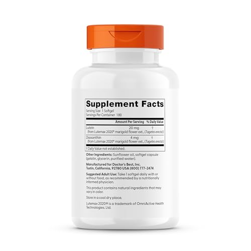Doctor's Best Lutein 20 mg - Eye Health Support, Non-GMO, Gluten Free | 180 Softgels