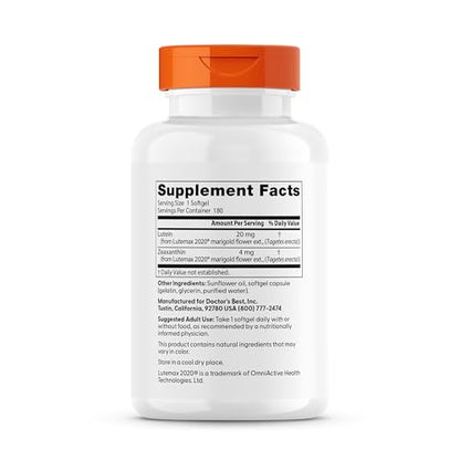Doctor's Best Lutein 20 mg - Eye Health Support, Non-GMO, Gluten Free | 180 Softgels