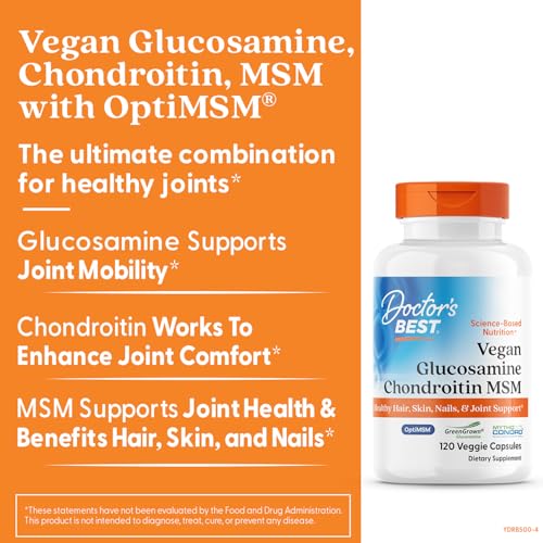 Doctors BEST Vegan Glucosamine Chondroitin MSM – Joint Support, Healthy Hair, Skin, Nails | 120 Veggie Capsules