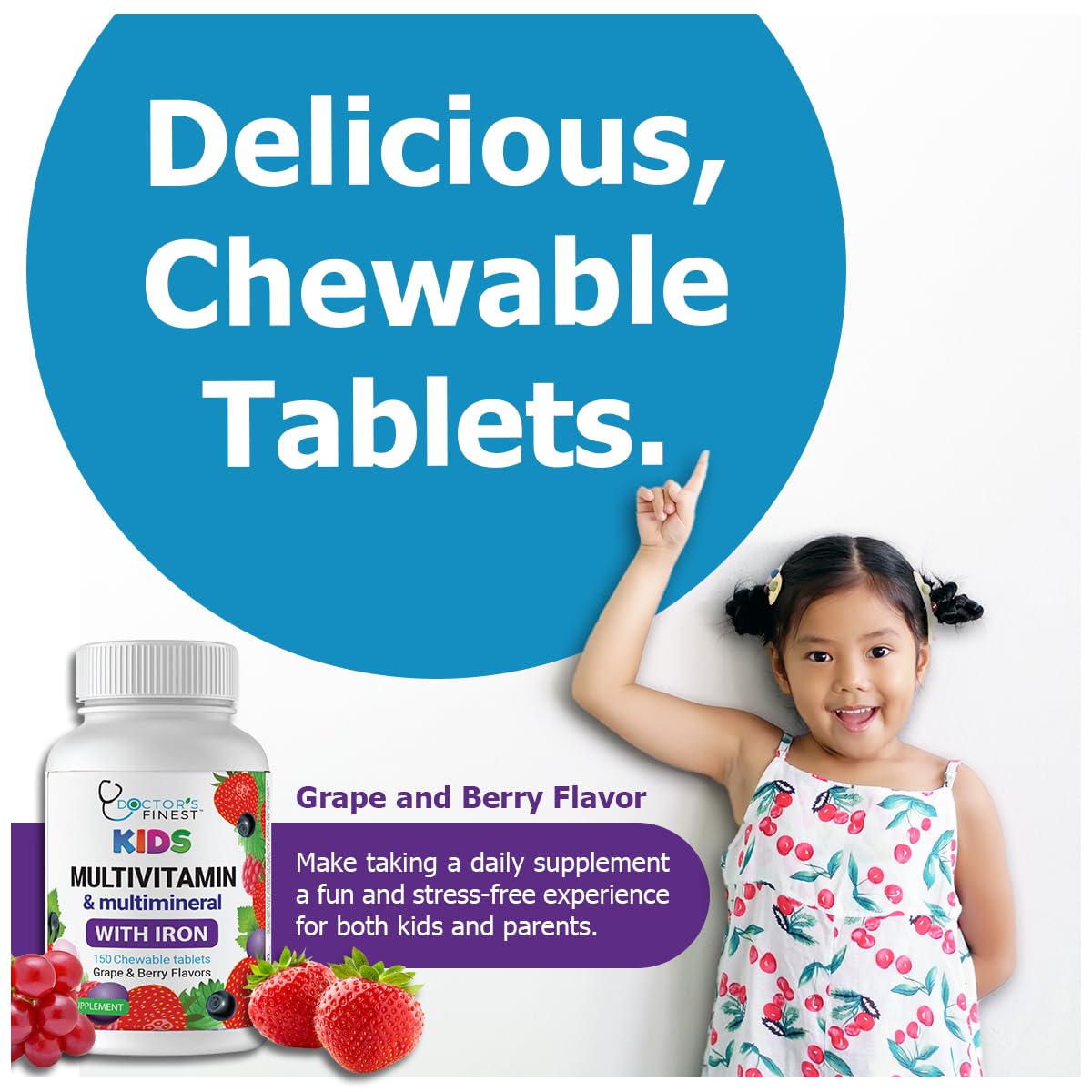 Doctor's Finest Kids Multivitamin & Mineral with Iron – Grape & Berry, 150 Chewable Tablets