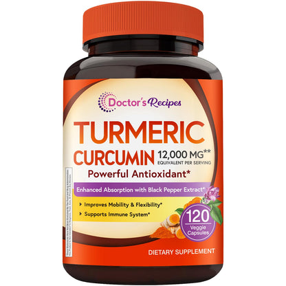 Doctor's Recipes Turmeric Curcumin with Black Pepper Extract – 12,000 mg per Serving, 95% Curcuminoids, High Potency, 120 Caps, Vegan, Non-GMO