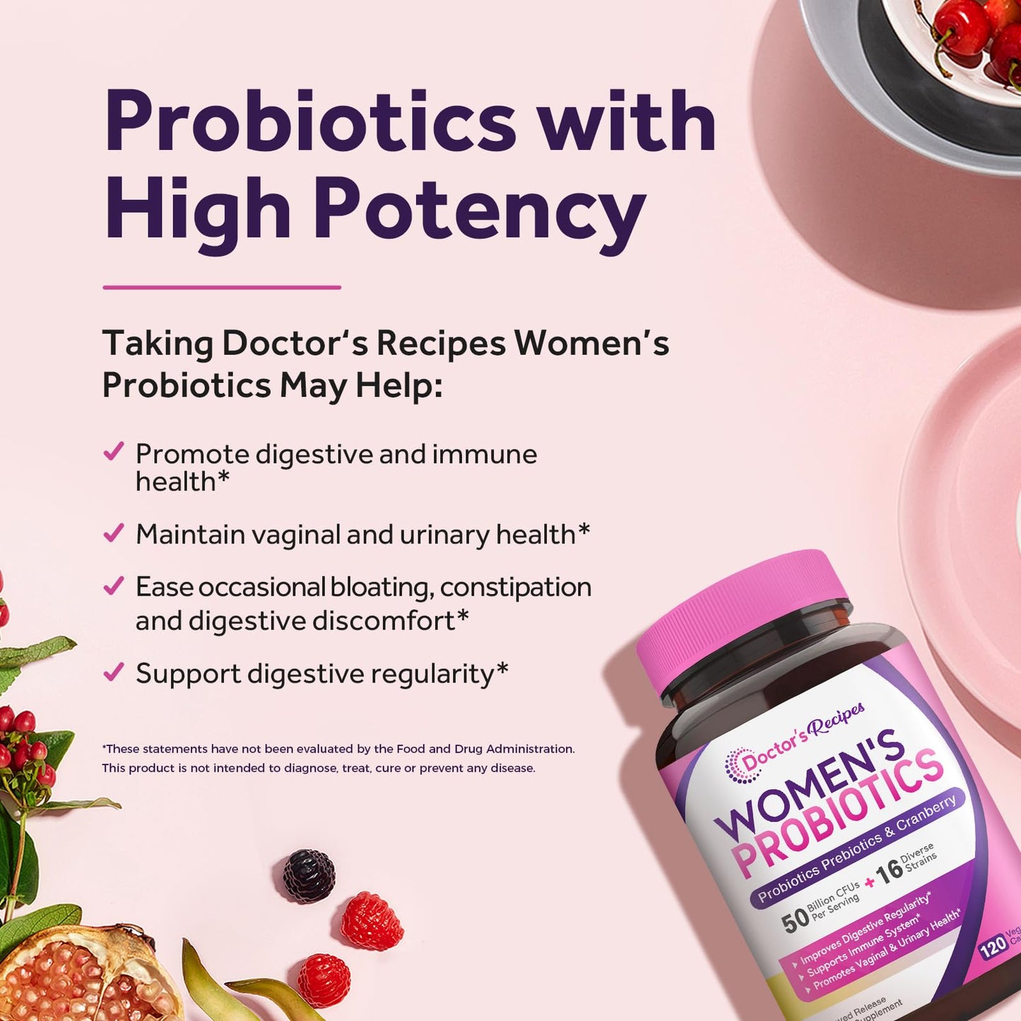Doctor's Recipes Women's Probiotic – 50B CFU, 16 Strains, Cranberry