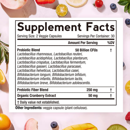 Doctor's Recipes Women's Probiotics | 50 Billion CFU, 16 Strains, Prebiotics & Cranberry | Shelf-Stable, Delayed Release | 120 Capsules (Pack of 2) | 60-Day Supply