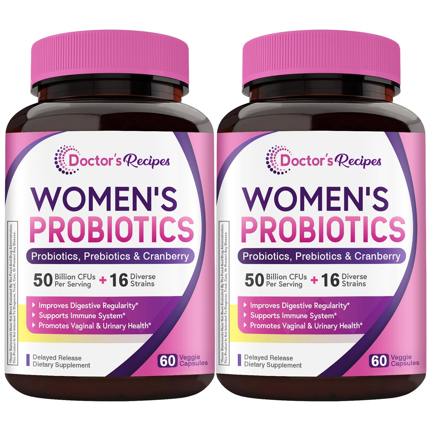 Doctor's Recipes Women's Probiotics | 50 Billion CFU, 16 Strains, Prebiotics & Cranberry | Shelf-Stable, Delayed Release | 120 Capsules (Pack of 2) | 60-Day Supply