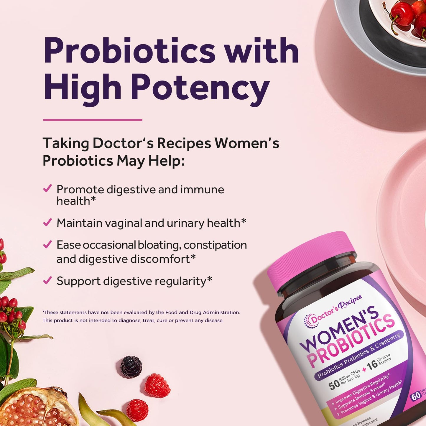 Doctor's Recipes Women's Probiotics | 50 Billion CFU, 16 Strains, Prebiotics & Cranberry | Shelf-Stable, Delayed Release | 120 Capsules (Pack of 2) | 60-Day Supply