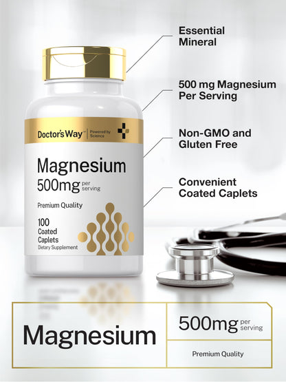 Doctor's Way Magnesium 500mg - 100 Coated Caplets | Magnesium Oxide | Vegetarian, Non-GMO, Gluten Free