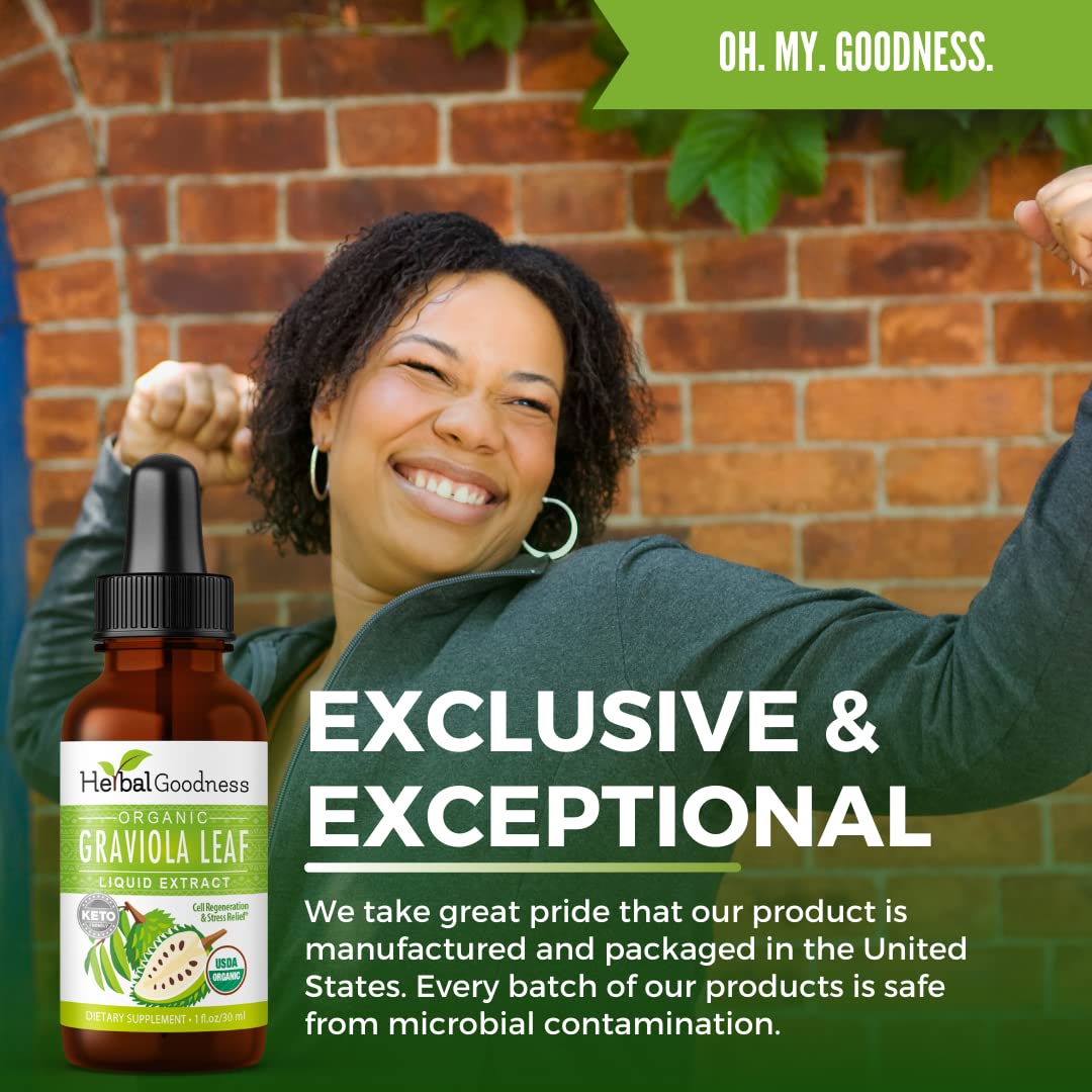 Herbal Goodness Organic Soursop Graviola Leaf Extract 1oz – 15X Concentrated Tincture | USDA Organic & Kosher