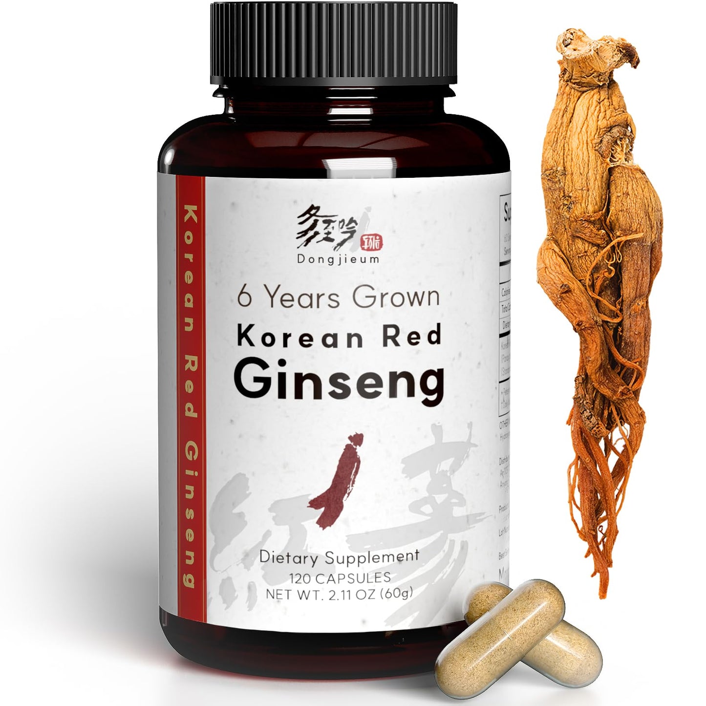 Dongjieum Korean Red Ginseng 6-Year Root - 120 Vegan Capsules | Enhanced Ginsenosides