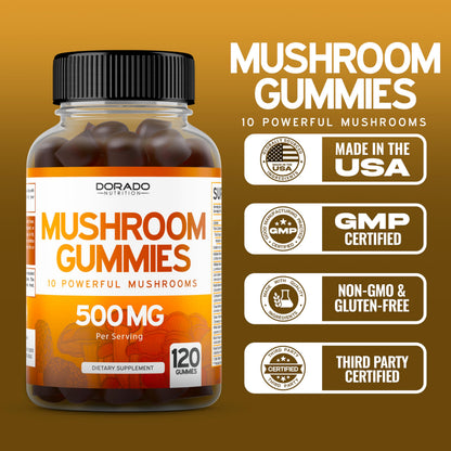 Mushroom Gummies 2500mg - 10-in-1 Focus & Brain Supplement | 120 Gummies (Pack of 2) | Vegan, USA Made