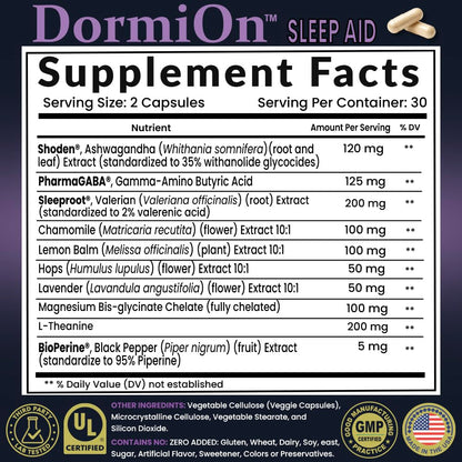 DormiOn Melatonin-Free Sleep Aid for Adults – 10-in-1 Deep Sleep Blend | Sleeproot Valerian, PharmaGABA, Shoden Ashwagandha | 60 Caps