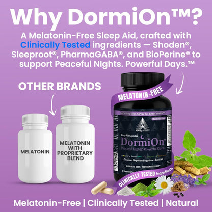 DormiOn Melatonin-Free Sleep Aid for Adults – 10-in-1 Deep Sleep Blend | Sleeproot Valerian, PharmaGABA, Shoden Ashwagandha | 60 Caps