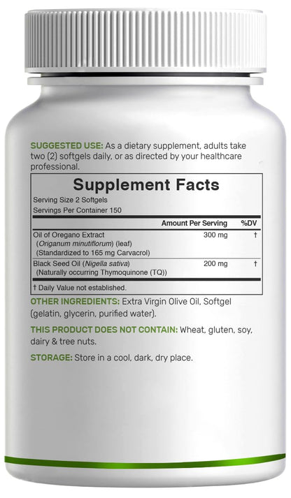 Oil of Oregano Softgels with Black Seed Oil – 300 Count (30:1 Extract) | Carvacrol & Thymoquinone – Antioxidant Immune Support – Plant Based, Non-GMO