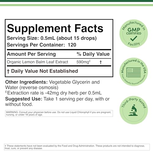 Organic Lemon Balm Tincture 590mg – Digestion & Relaxation, 2 oz | 120 Servings