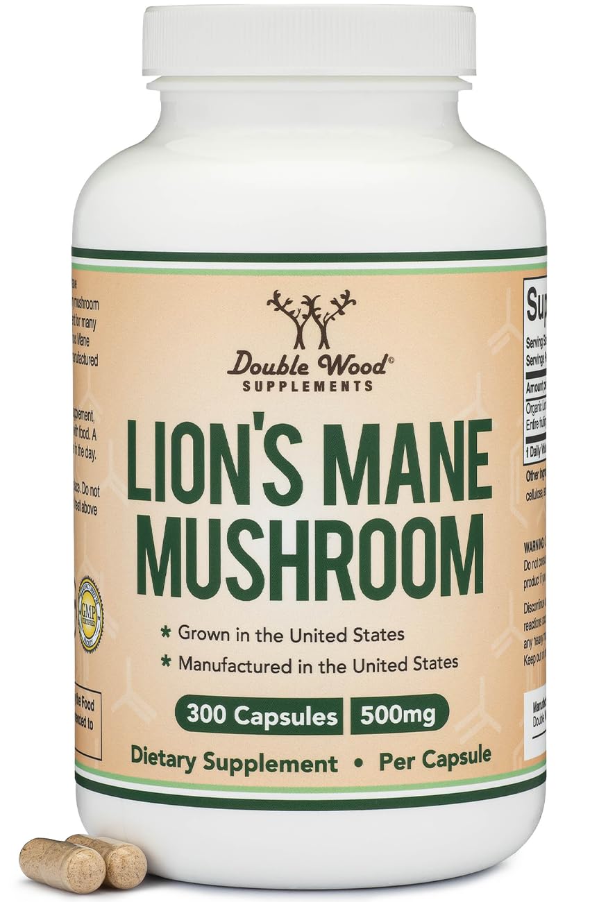 Double Wood Organic Lions Mane Capsules (300 ct) – Focus & Immune Support, USA-Grown