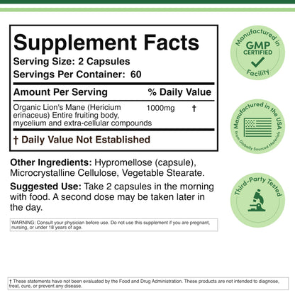 Organic Lions Mane Mushroom Capsules (120 Count), for Focus Support and Immune Health, Third Party Tested and Grown in The USA - by Double Wood
