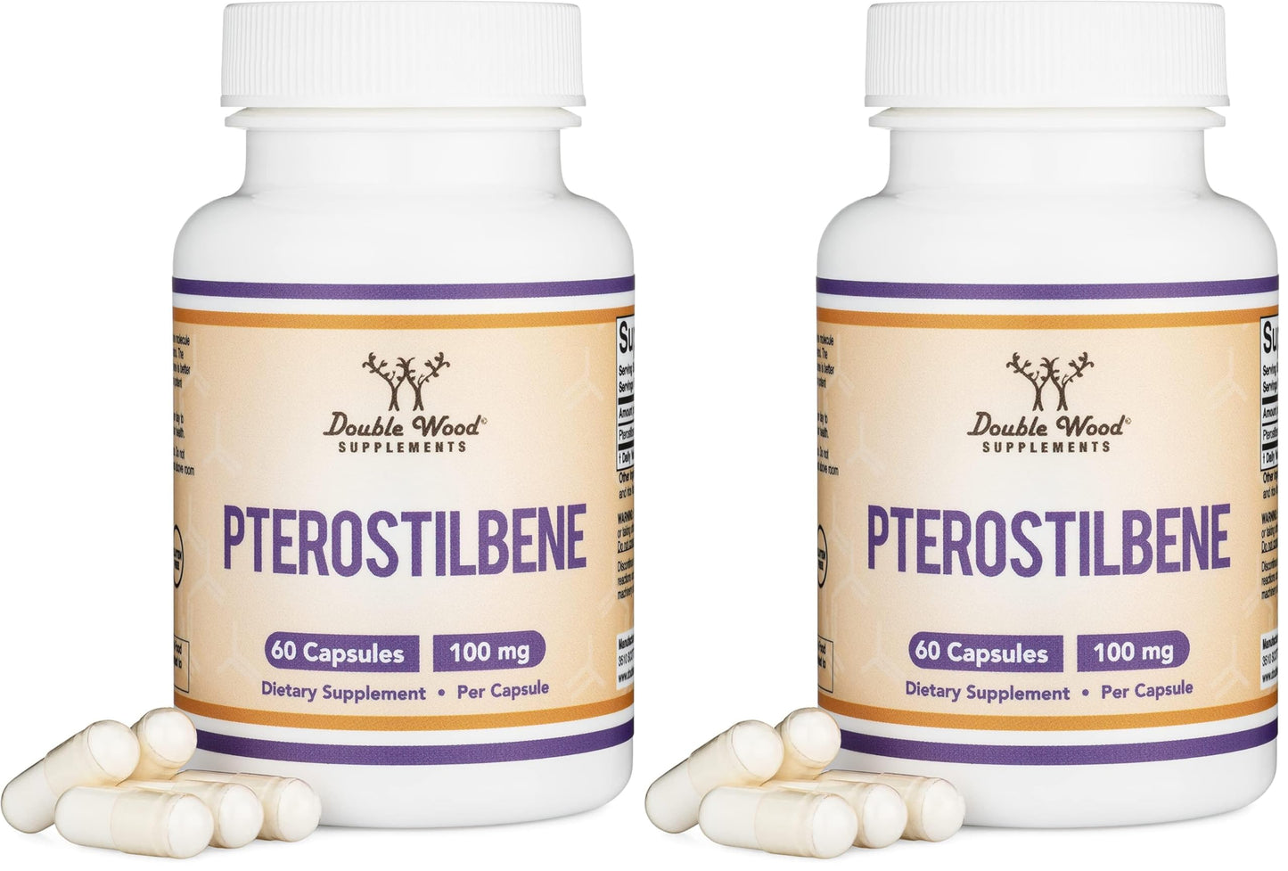 Double Wood Pterostilbene 100mg Capsules – 60 Count Pack of 2 | Third-Party Tested, Non-GMO, Gluten Free