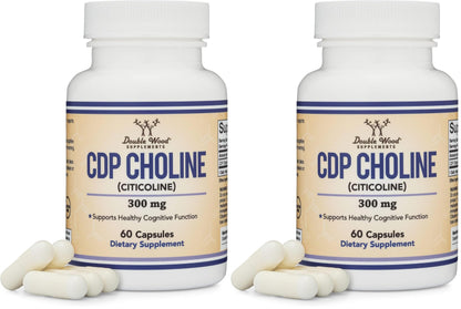 Double Wood Supplements CDP Choline (Citicoline) – Pharmaceutical Grade, Third-Party Tested, 60 Capsules per Bottle, Pack of 2