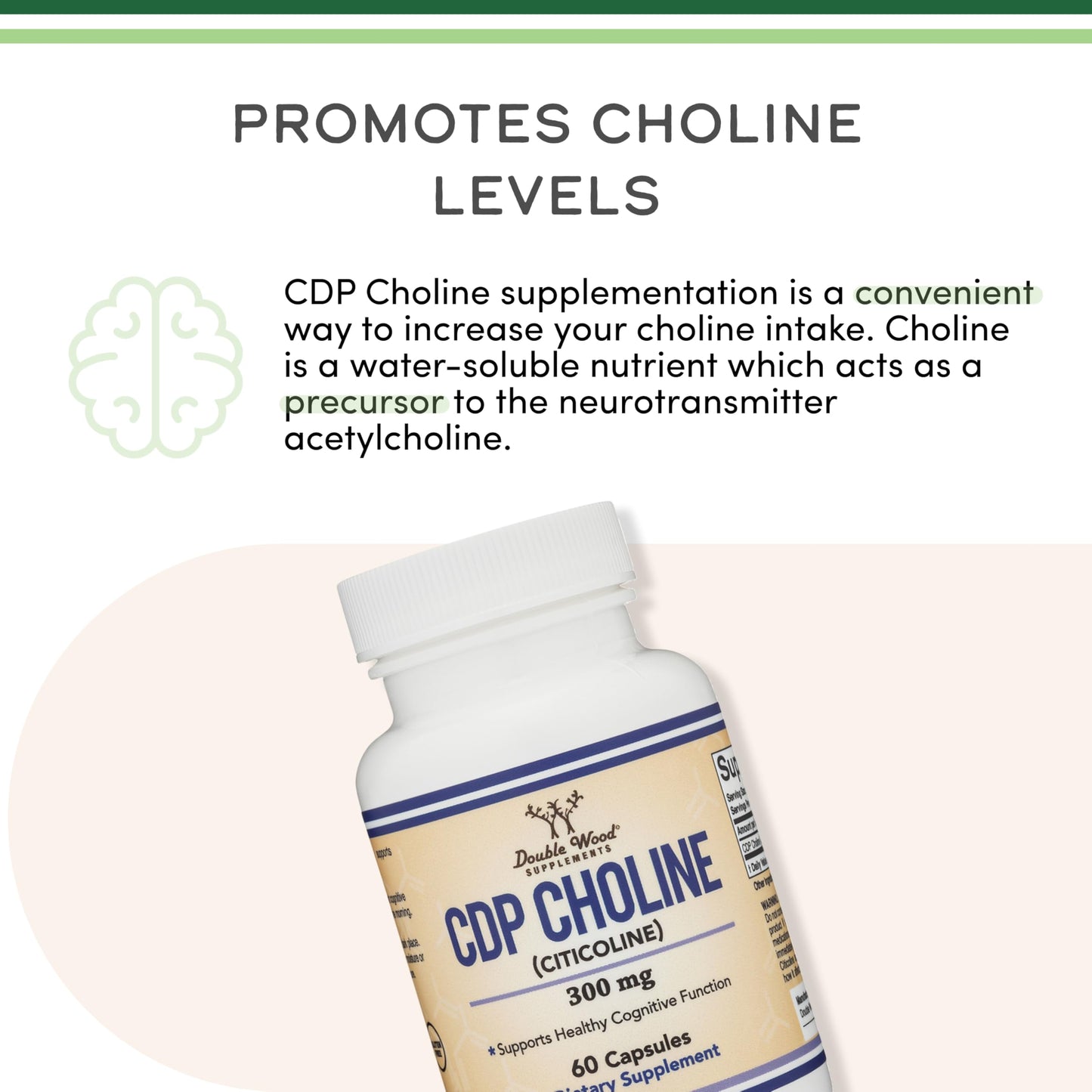 Double Wood Supplements CDP Choline (Citicoline) – Pharmaceutical Grade, Third-Party Tested, 60 Capsules per Bottle, Pack of 2