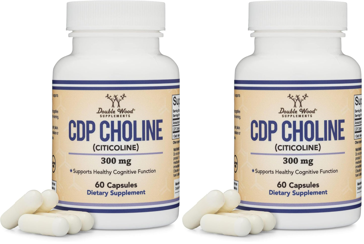 Double Wood Supplements CDP Choline (Citicoline) – Pharmaceutical Grade, Third-Party Tested, 60 Capsules per Bottle, Pack of 2
