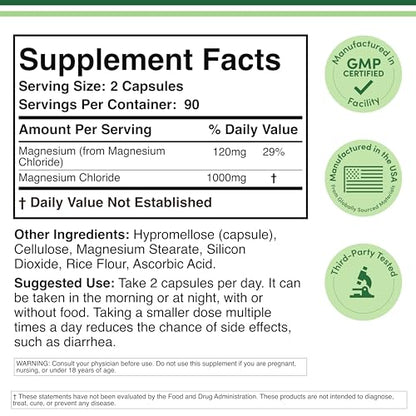 Double Wood Magnesium Chloride – 180 Capsules, 1000 mg per Serving, Supports Digestive & Bone Health – Non-GMO & Gluten Free (Pack of 2)
