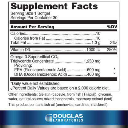 Douglas Laboratories Quell Fish Oil EPA/DHA Plus D 3:2 EPA:DHA, 1000 IU Vitamin D3 | 30 Softgels