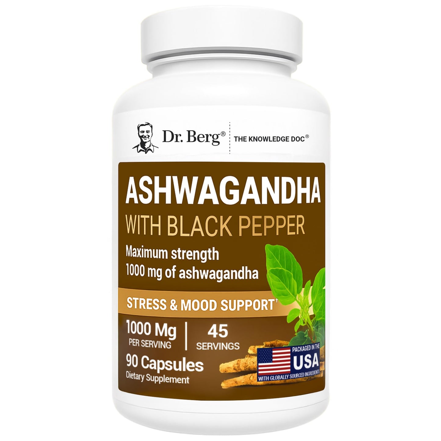 Dr. Berg Ashwagandha Capsules 1000mg | Bioperine Black Pepper | 90 Capsules