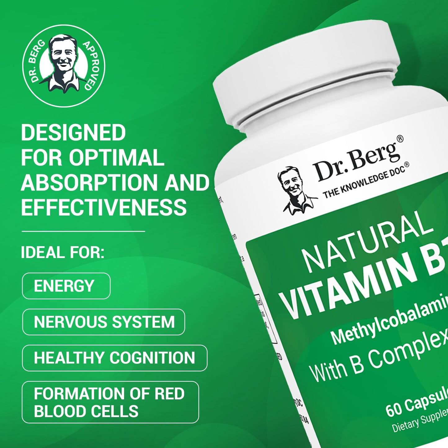 Dr. Berg Vitamin B12 1000 mcg with B Complex | Methylcobalamin for Energy, Nerve Health & Cognitive Function | 60 Capsules