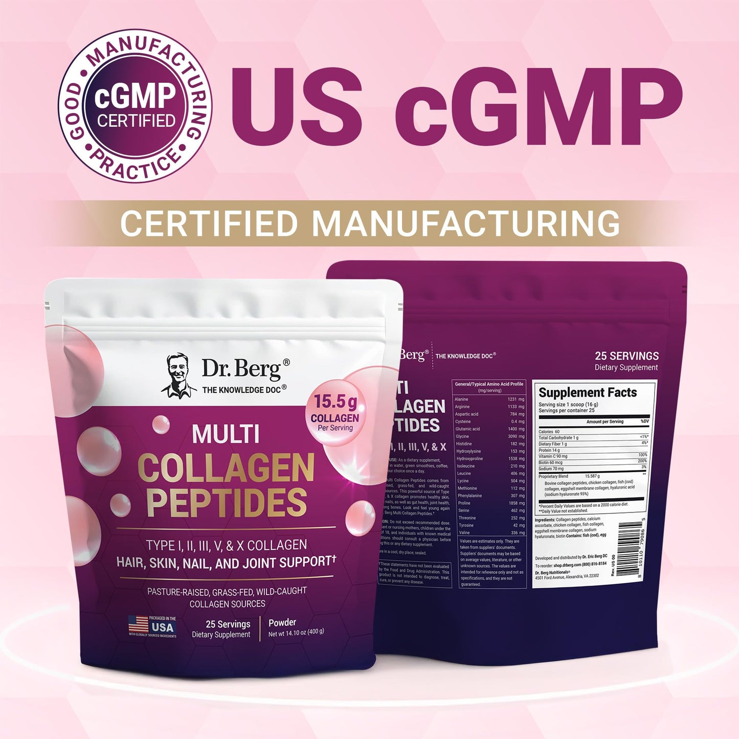 Dr. Berg Multi Collagen Peptides Powder Types I-V – Unflavored, 14 g Protein, 25 Servings