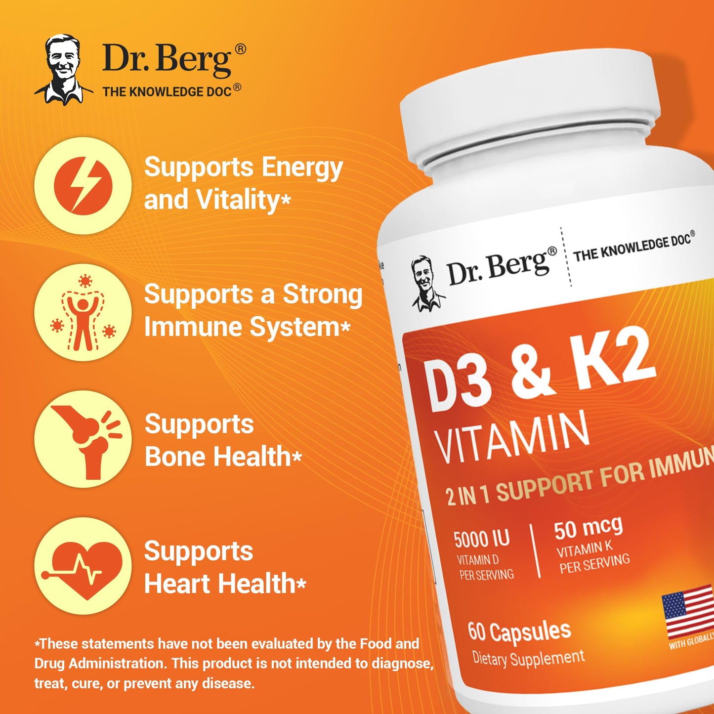 Dr. Berg Maximum Strength 2-in-1 Vitamin D3 K2 5000 IU | 60 Capsules