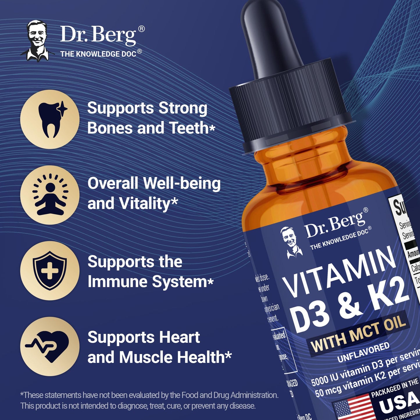 Dr. Berg D3 K2 Liquid Drops with MCT Oil – 5000 IU, Unflavored (1 fl oz)