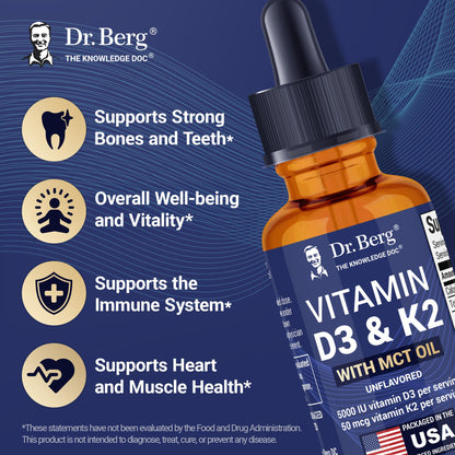 Dr. Berg D3 K2 Liquid Drops with MCT Oil – 5000 IU, Unflavored (1 fl oz)