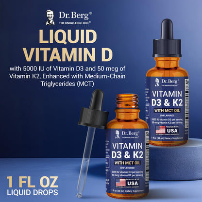 Dr. Berg D3 K2 Liquid Drops with MCT Oil – 5000 IU, Unflavored (1 fl oz)