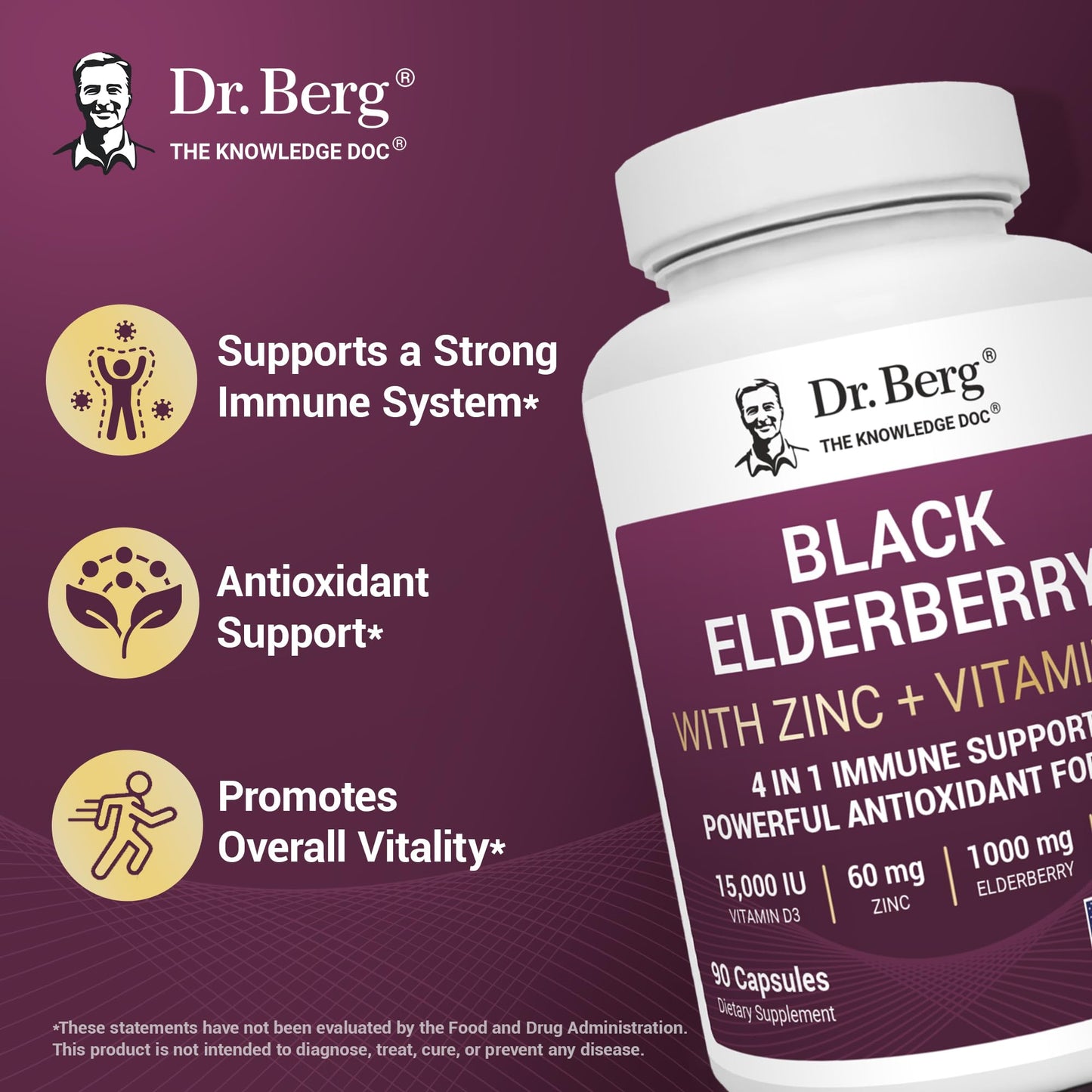 Dr. Berg Black Elderberry Capsules (4-in-1) with 15,000 IU Vitamin D, 60 mg Zinc & 90 mg Camu Camu – Advanced Immune Support, 90 Capsules