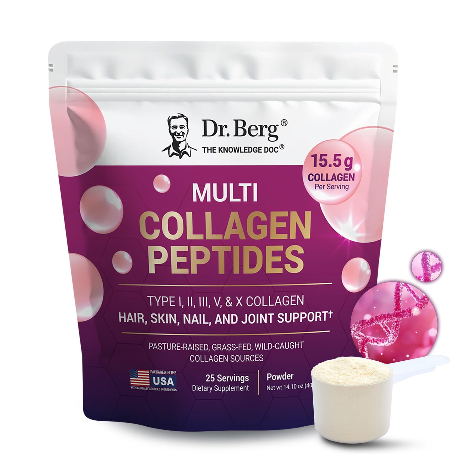 Dr. Berg Multi Collagen Peptides Powder Types I-V – Unflavored, 14 g Protein, 25 Servings