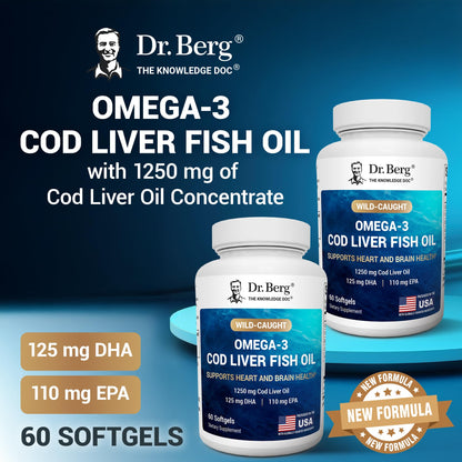Dr. Berg Maximum Strength Omega-3 Cod Liver Oil 1250 mg – Wild-Caught Cod | Lemon Flavor | EPA/DHA | 60 Softgels