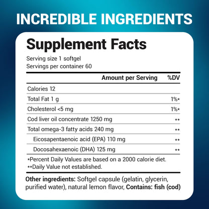 Dr. Berg Maximum Strength Omega-3 Cod Liver Oil 1250 mg – Wild-Caught Cod | Lemon Flavor | EPA/DHA | 60 Softgels