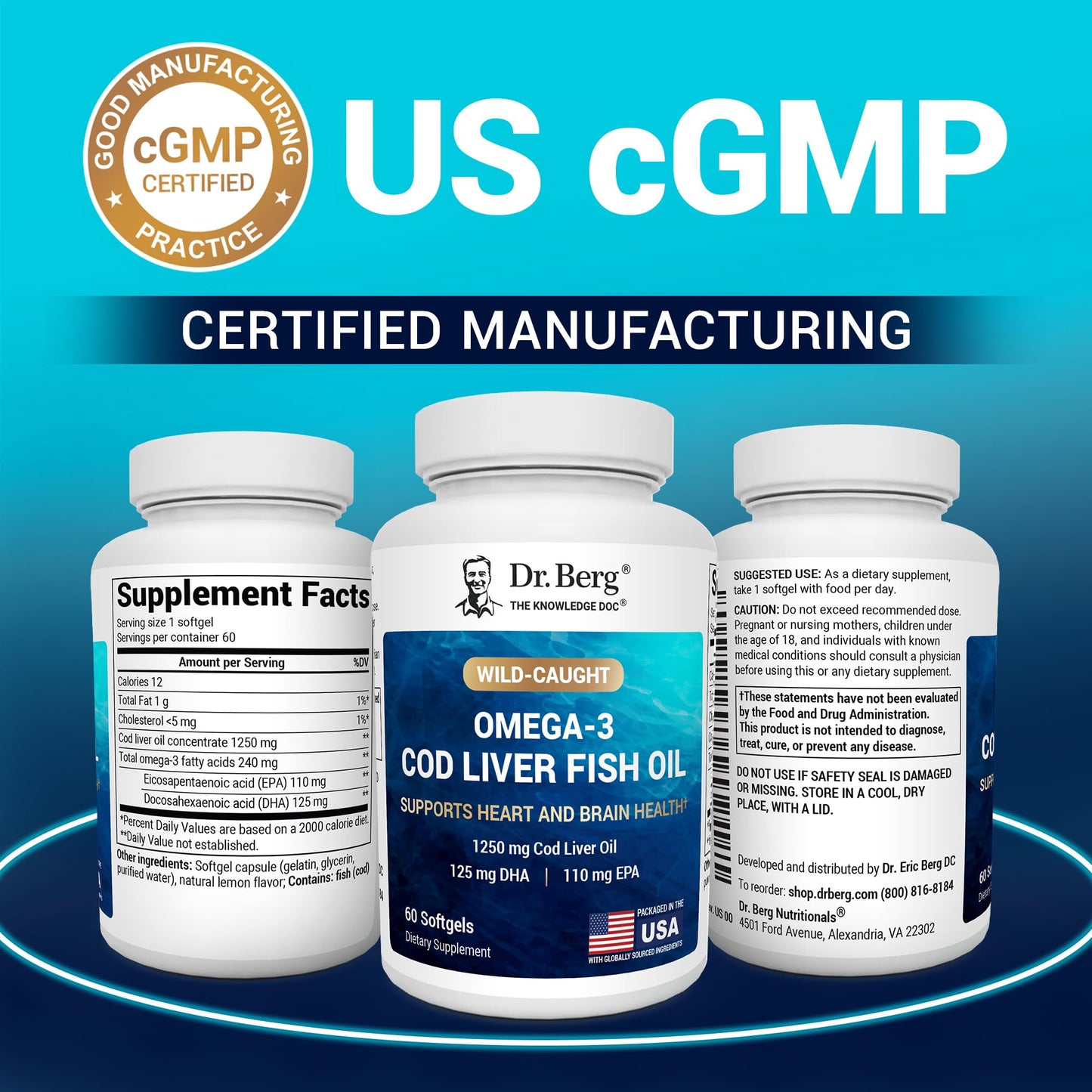 Dr. Berg Maximum Strength Omega-3 Cod Liver Oil 1250 mg – Wild-Caught Cod | Lemon Flavor | EPA/DHA | 60 Softgels