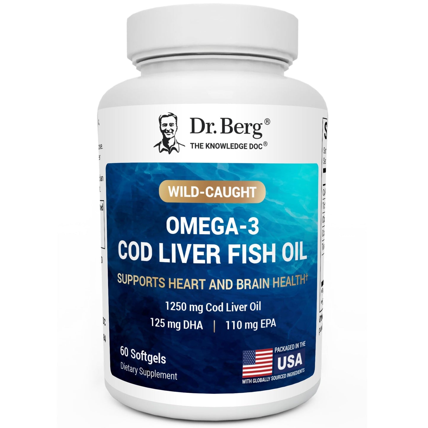 Dr. Berg Maximum Strength Omega-3 Cod Liver Oil 1250 mg – Wild-Caught Cod | Lemon Flavor | EPA/DHA | 60 Softgels