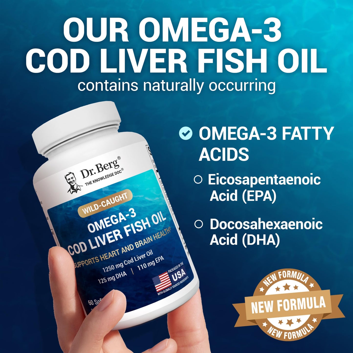 Dr. Berg Maximum Strength Omega-3 Cod Liver Oil 1250 mg – Wild-Caught Cod | Lemon Flavor | EPA/DHA | 60 Softgels