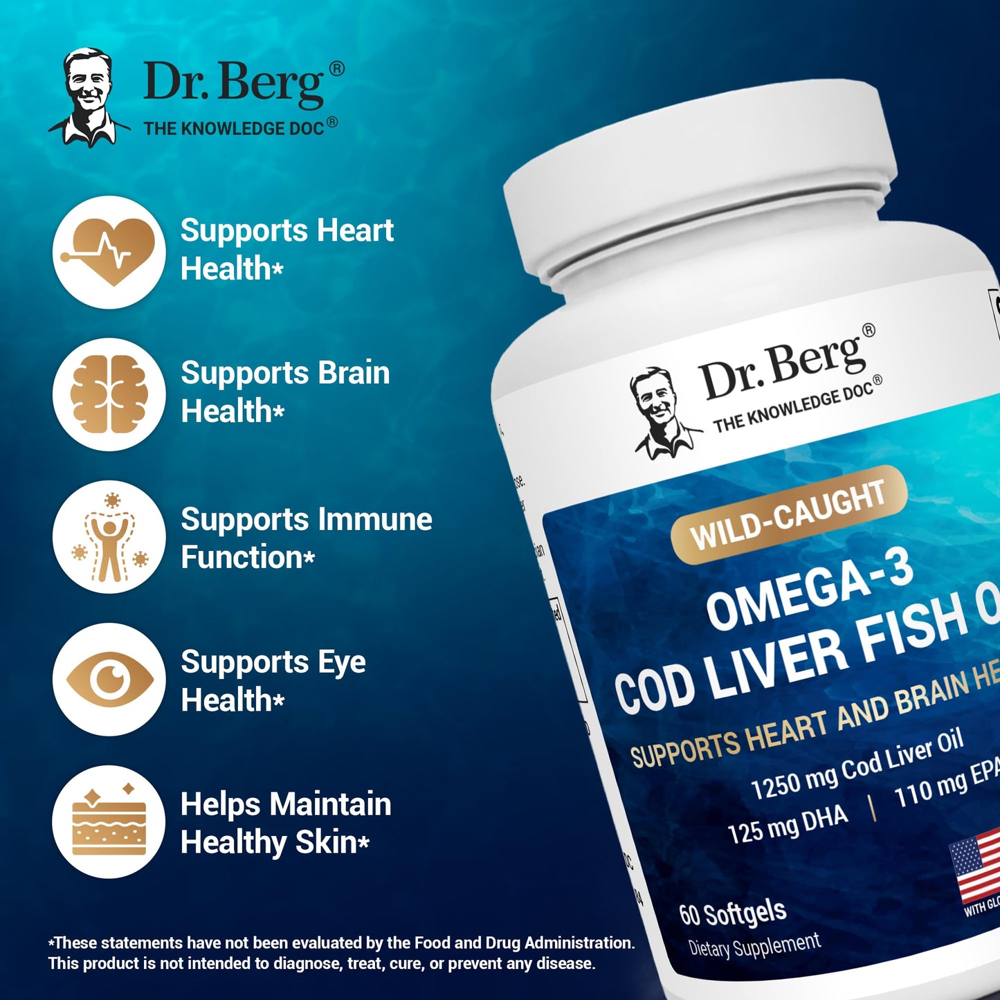 Dr. Berg Maximum Strength Omega-3 Cod Liver Oil 1250 mg – Wild-Caught Cod | Lemon Flavor | EPA/DHA | 60 Softgels