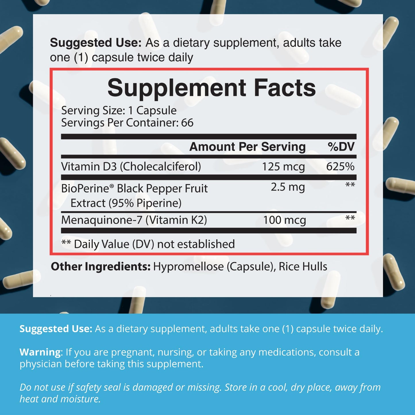 Dr. Boz K2+D3 Capsules – Vitamin D3/K2 with BioPerine | 66 Servings