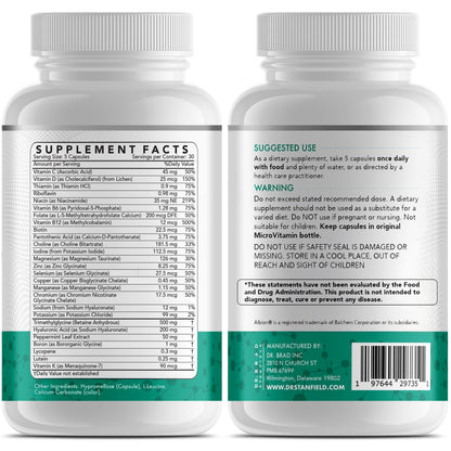 Dr Brad Stanfield Daily Low Dose MultiVitamin & Mineral for Brain Health, Skin Hydration & Exercise Support – 150 Count