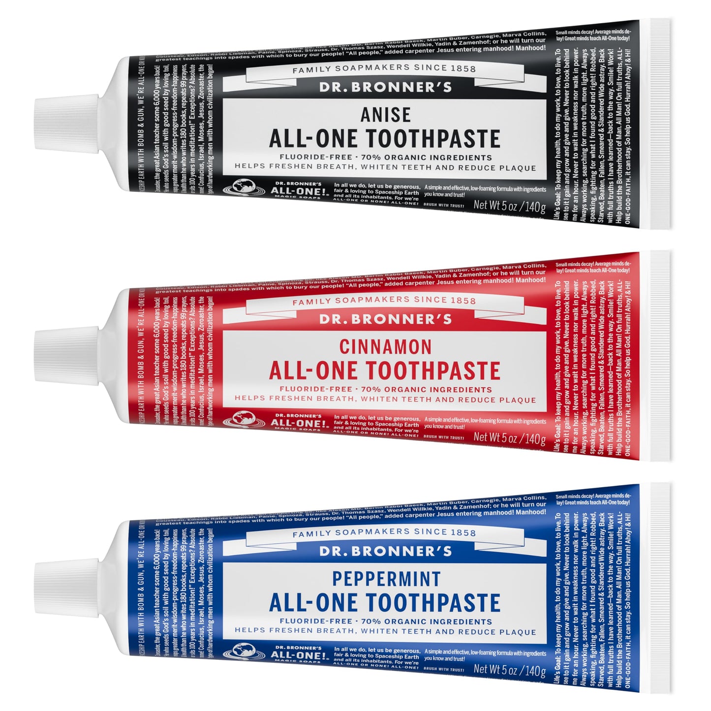 Dr. Bronner's All-One Toothpaste 3-Pack Variety - Peppermint, Cinnamon & Anise (5 oz each) - 70% Organic, SLS Free, Fluoride Free