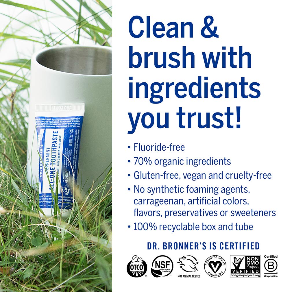 Dr. Bronner’s All-One Toothpaste Peppermint 3-Pack – 1 oz Each, 70% Organic