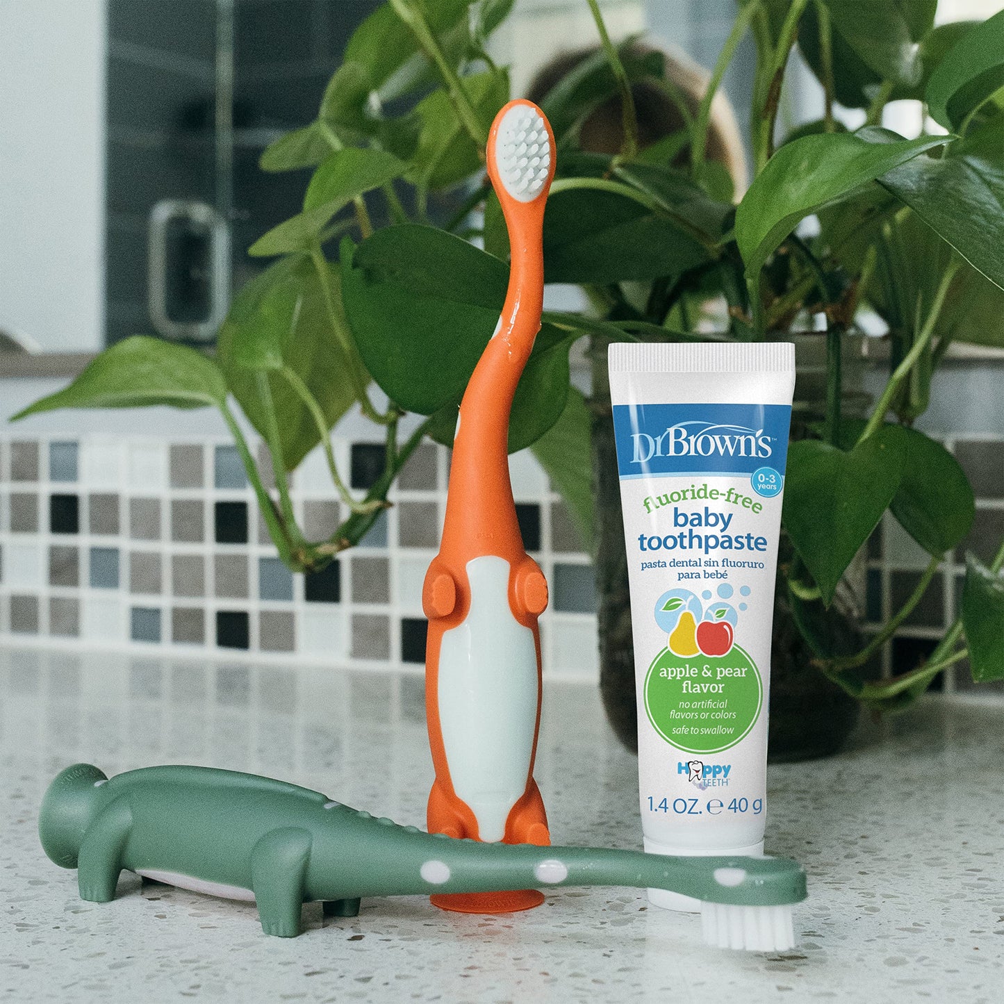 Dr. Brown's Dinosaur Toddler Toothbrush – Green & Orange, 2-Pack