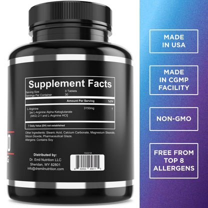 Dr. Emil L-Arginine 3150mg | 90 Tablets | Nitric Oxide, Vascularity & Heart Health