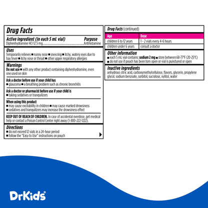 Dr. Kids Children's Allergy Relief with Diphenhydramine | Pre-Measured Vials, Mixed Berry