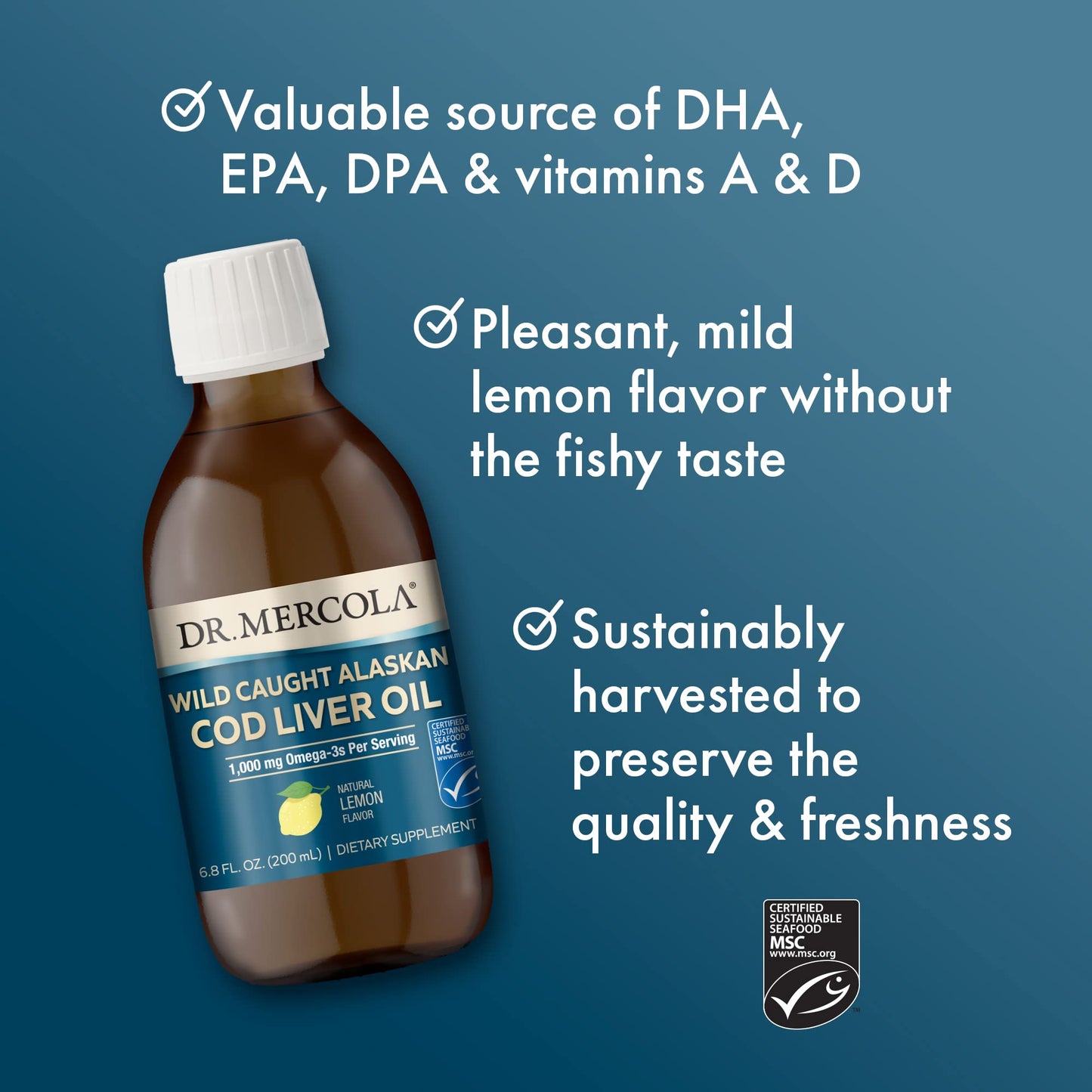 Dr. Mercola Cod Liver Oil – Wild Caught Alaskan, 6.8 oz, 1000 mg Omega-3, MSC Certified, Non-GMO