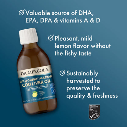 Dr. Mercola Cod Liver Oil – Wild Caught Alaskan, 6.8 oz, 1000 mg Omega-3, MSC Certified, Non-GMO